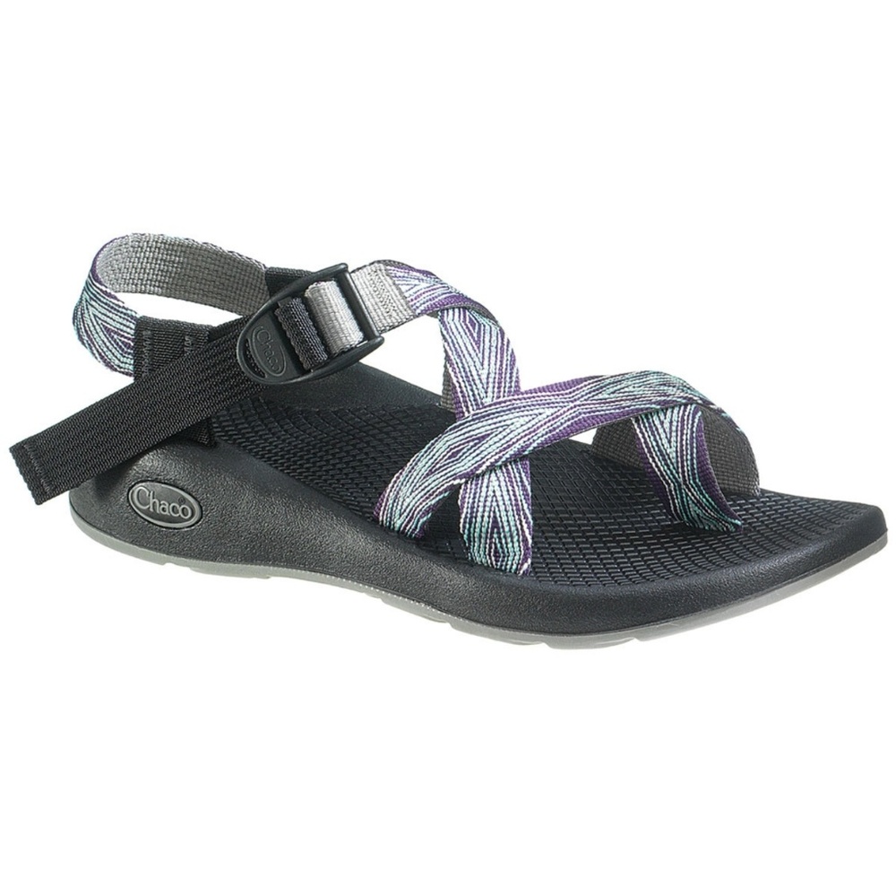 Purple and gray pixel weave chacos